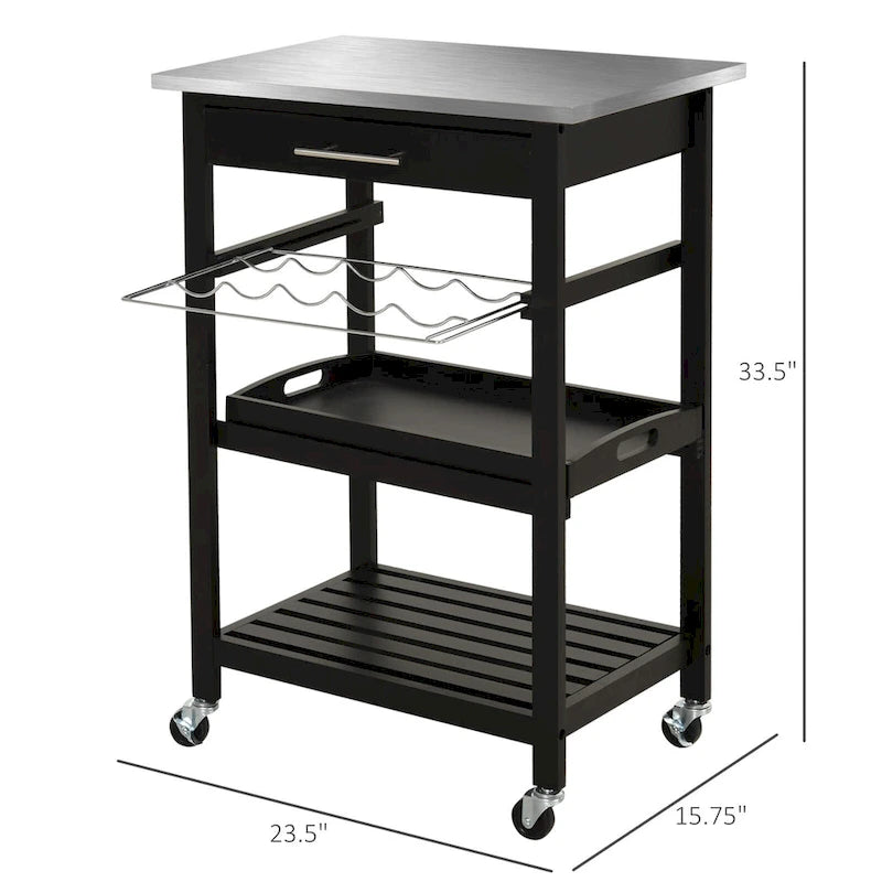 Carrito isla de cocina con ruedas, carrito auxiliar de servicio con superficie de acero inoxidable, botellero y cajón