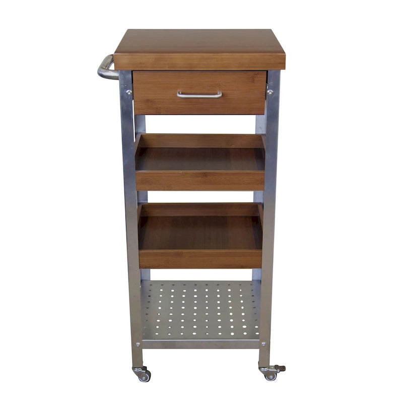Torre carrito de cocina de bambú macizo y acero inoxidable con cajón