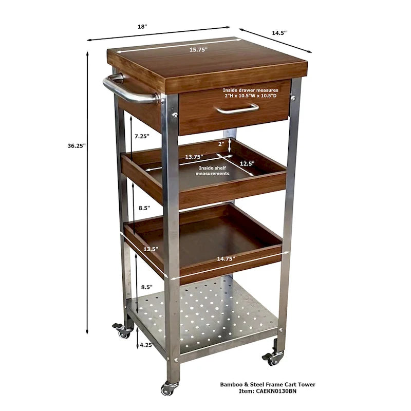Torre carrito de cocina de bambú macizo y acero inoxidable con cajón