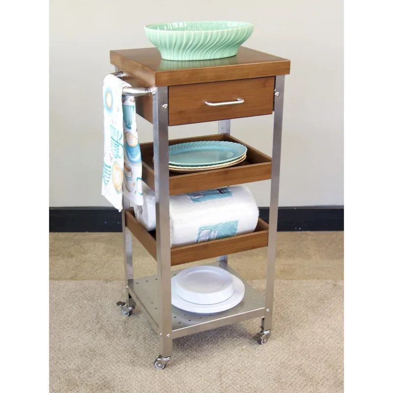 Torre carrito de cocina de bambú macizo y acero inoxidable con cajón