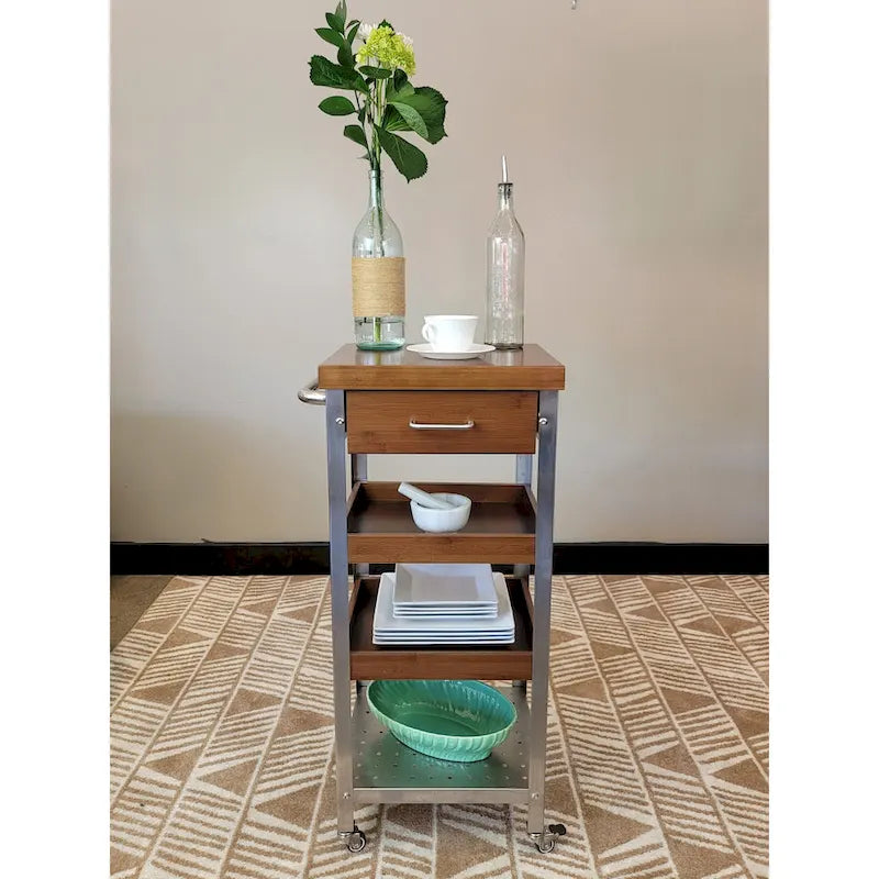 Torre carrito de cocina de bambú macizo y acero inoxidable con cajón