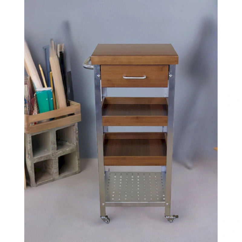 Torre carrito de cocina de bambú macizo y acero inoxidable con cajón