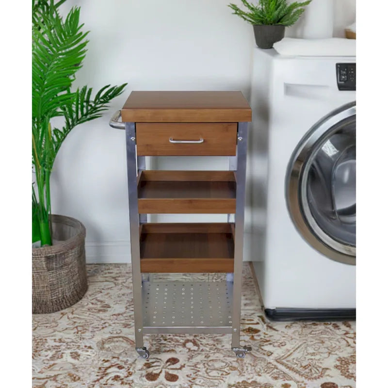 Torre carrito de cocina de bambú macizo y acero inoxidable con cajón