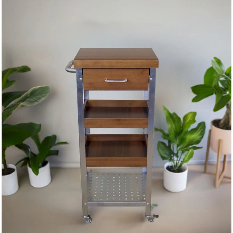 Torre carrito de cocina de bambú macizo y acero inoxidable con cajón