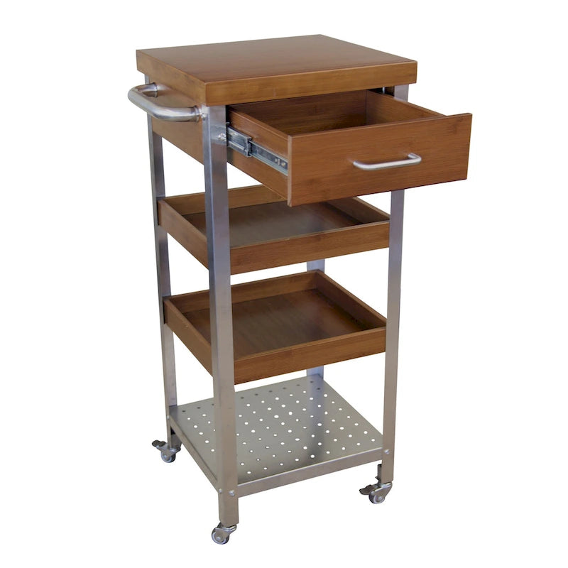 Torre carrito de cocina de bambú macizo y acero inoxidable con cajón