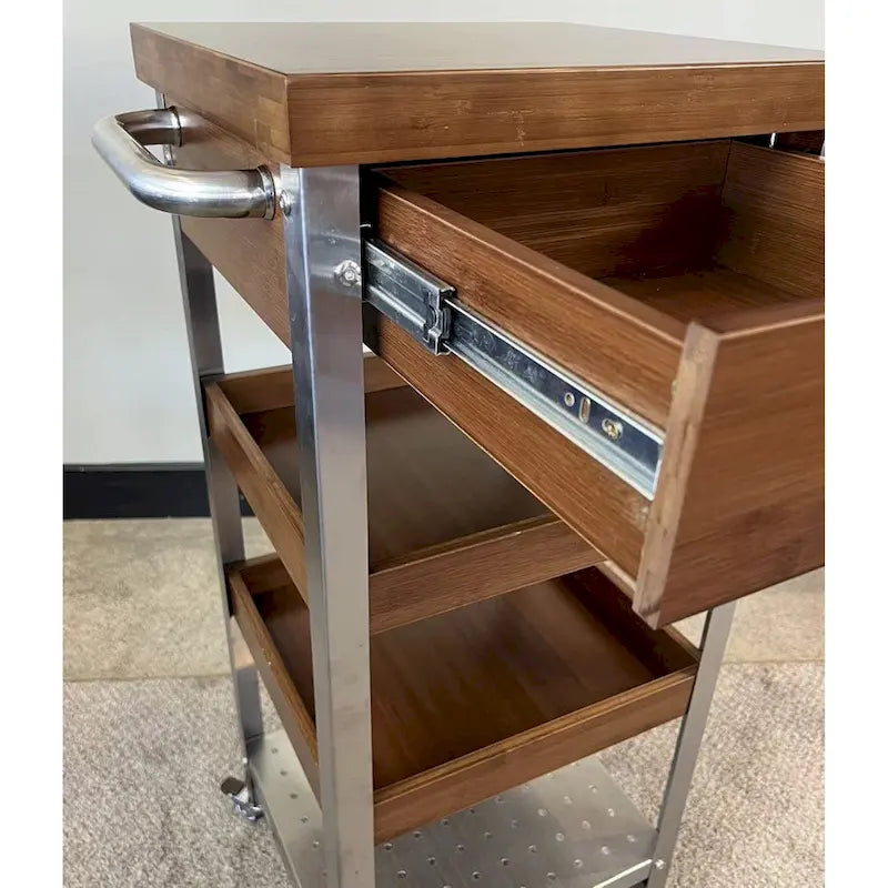 Torre carrito de cocina de bambú macizo y acero inoxidable con cajón