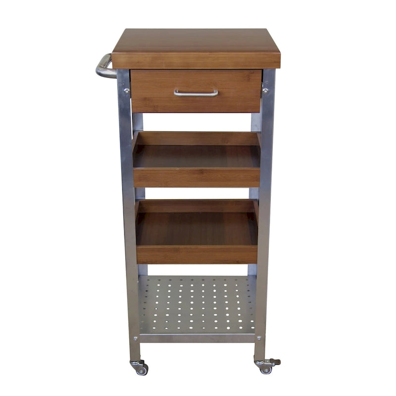 Torre carrito de cocina de bambú macizo y acero inoxidable con cajón