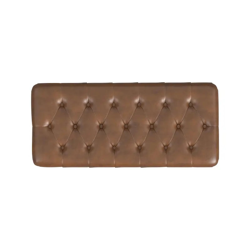 Ławka do przechowywania z pikowanym guzikami siedziskiem i drewnianymi nogami