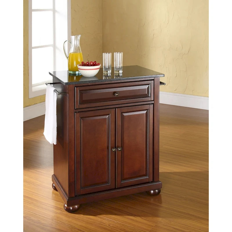 Isla de cocina portátil Alexandria con superficie de granito negro macizo y acabado de caoba vintage - 18d x 31w x 33.5h