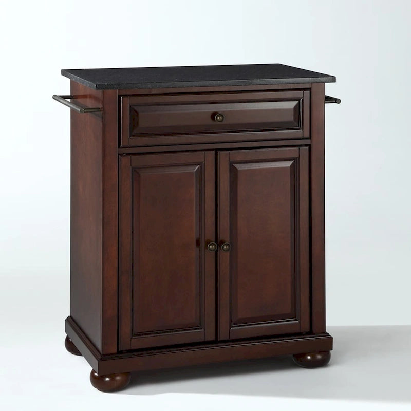 Isola da cucina portatile Alexandria con piano superiore in granito nero massello, finitura mogano vintage - 18d x 31w x 33.5h