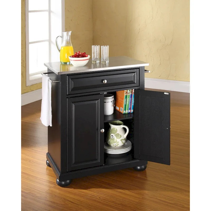 Isla de cocina portátil Alexandria negra con superficie de acero inoxidable - 18d x 31w x 35.5h