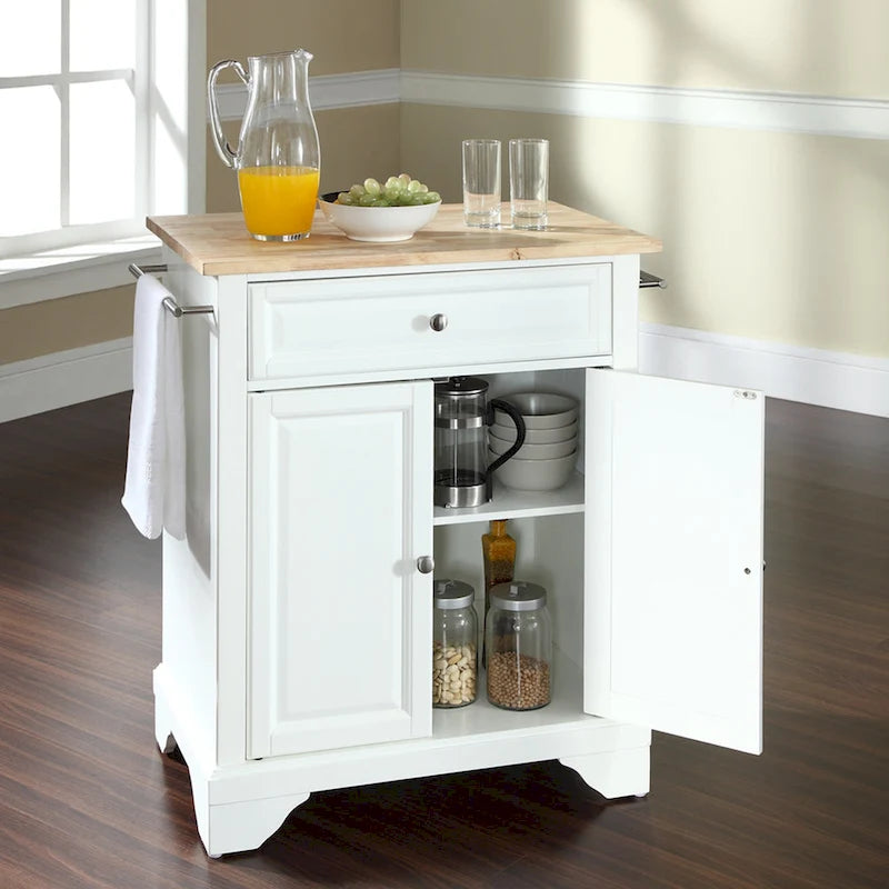 Natural Wood Top Portable Kitchen Island in White Finish - 18d x 31w x 35h