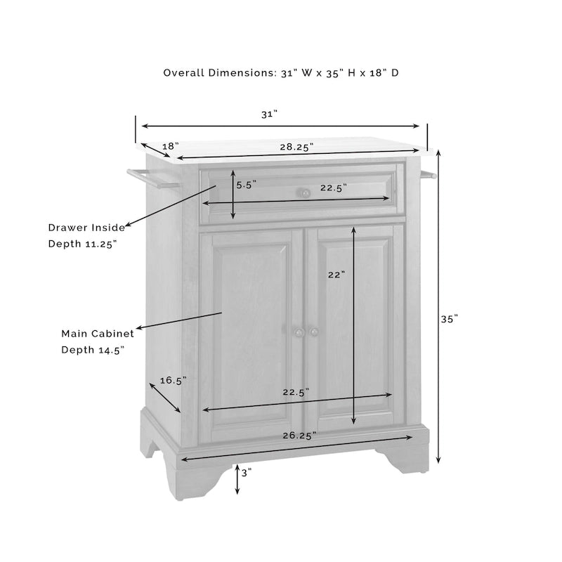 Isla de cocina portátil con superficie de madera natural y acabado blanco - 18d x 31w x 35h