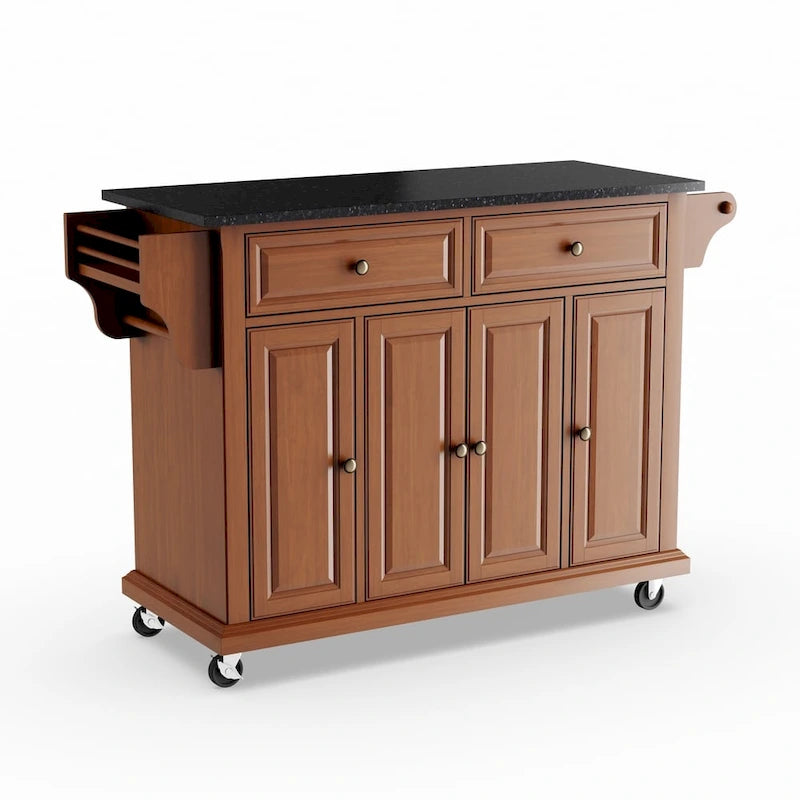 Carrito de cocina clásico de acabado cerezo con encimera de granito negro macizo de tamaño completo - 18d x 51.5w x 36h