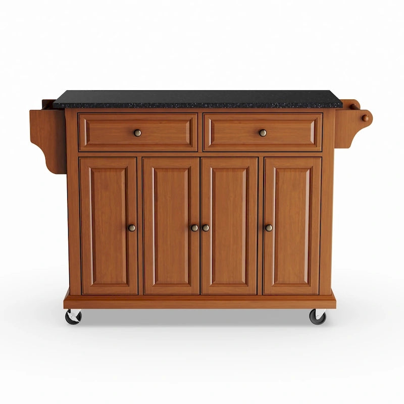 Carrito de cocina clásico de acabado cerezo con encimera de granito negro macizo de tamaño completo - 18d x 51.5w x 36h