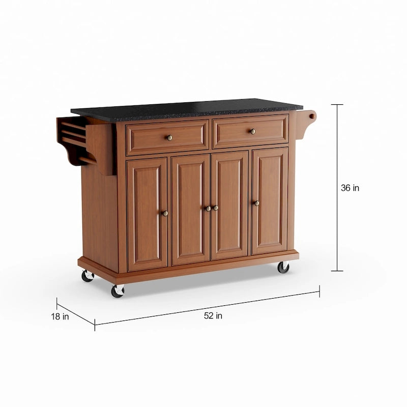 Carrito de cocina clásico de acabado cerezo con encimera de granito negro macizo de tamaño completo - 18d x 51.5w x 36h