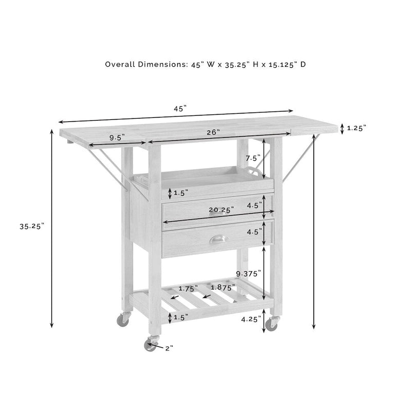 Desserte de cuisine à double rallonge rabattable, finition naturelle - 15.13d x 45w x 35.25h