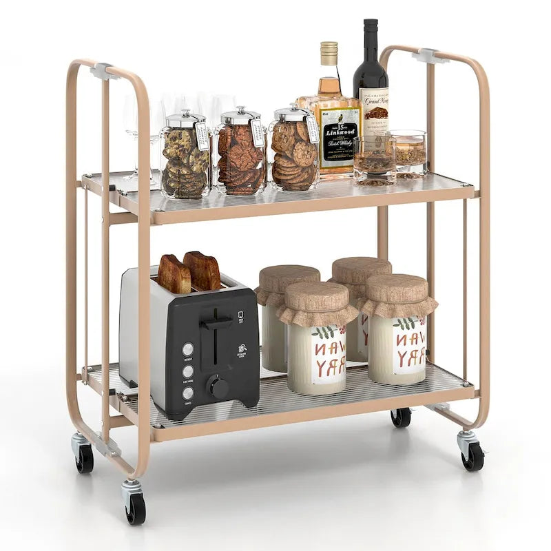 Carrito móvil de servicio de 2 niveles con estante de vidrio templado - dorado - 26 x 16 x 28.5