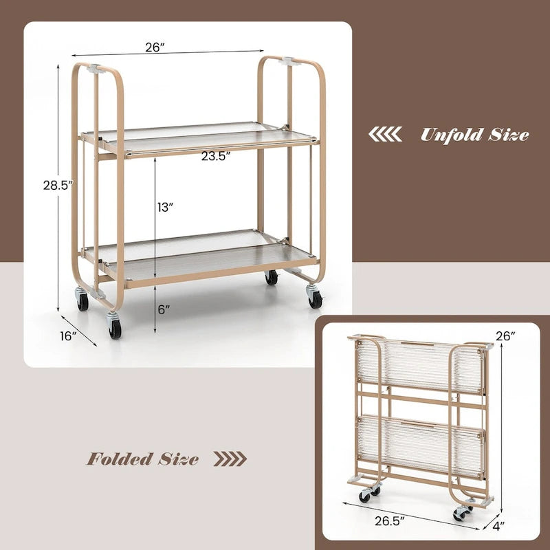 Carrito móvil de servicio de 2 niveles con estante de vidrio templado - dorado - 26 x 16 x 28.5