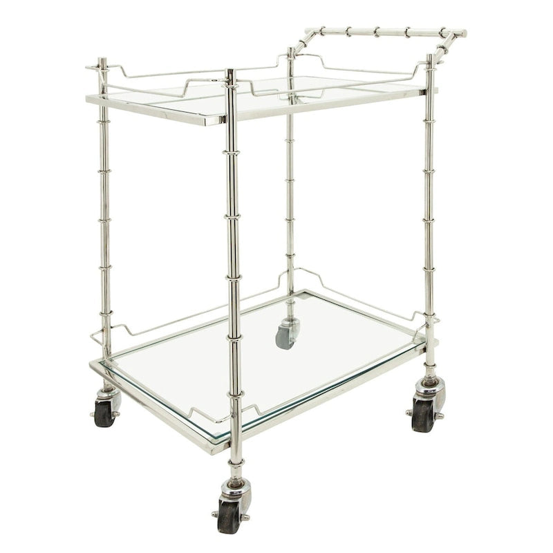 Carrito de bar rectangular plateado de 30 pulgadas, de dos niveles, con ruedas y superficie de vidrio