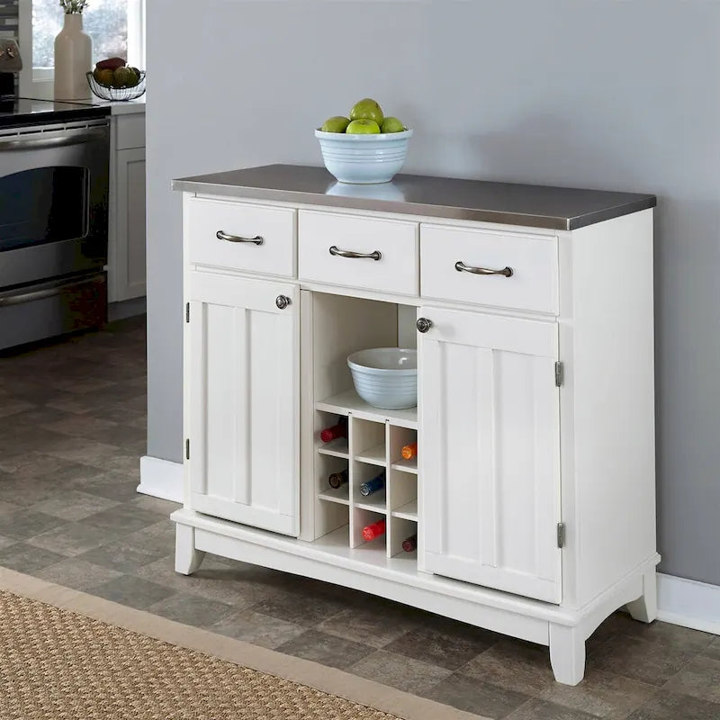 Aparador isla de cocina con superficie de acero inoxidable, botellero y acabado blanco - 41.75W x 17D x 36.25H