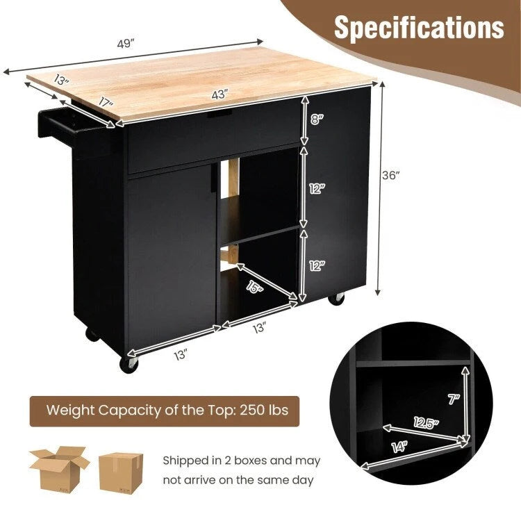 Isola da cucina con piano ribaltabile in legno di gomma - 49 x 30 x 36(L x W x H)