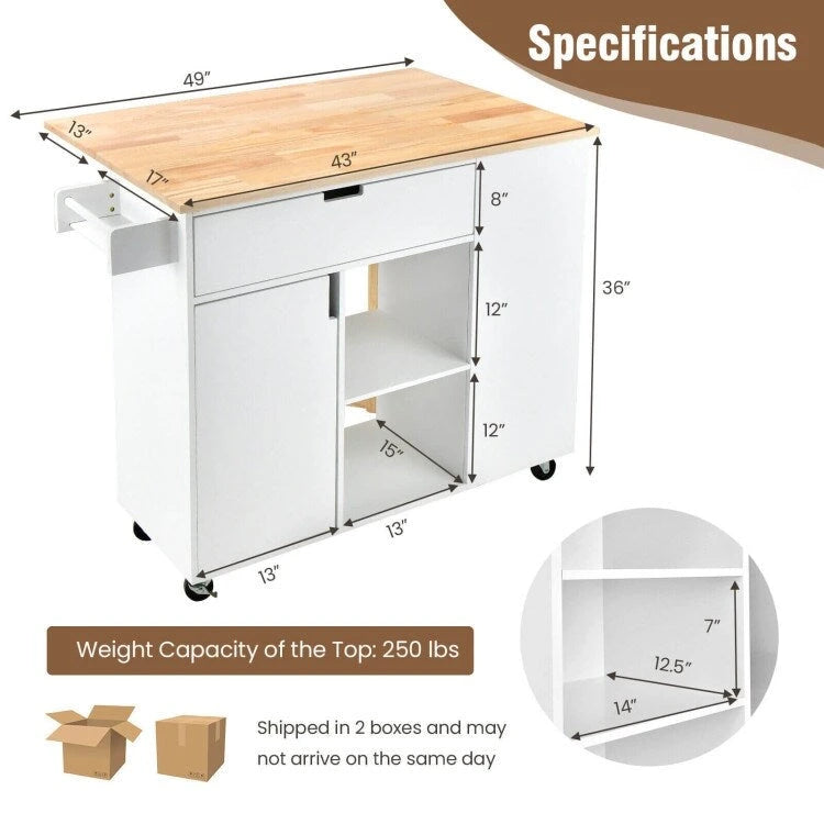 Isola da cucina con piano ribaltabile in legno di gomma - 49 x 30 x 36(L x W x H)
