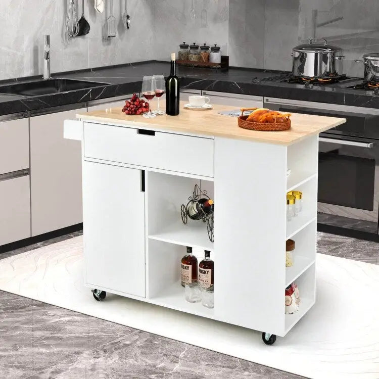 Ilha de cozinha rebatível com tampo de madeira de seringueira - 49 x 30 x 36 (L x W x H)
