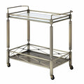 Two Tiered Metal Serving Cart with Glass Shelves and Side Rails, Antique Gold - 29.92 H x 16.14 W x 31.5 L Inches