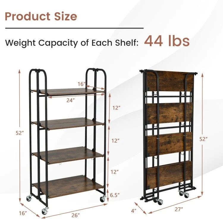 Carrito plegable con ruedas y estantes de almacenamiento para cocina, de 4 niveles - 26 x 16 x 52 (L x W x H)