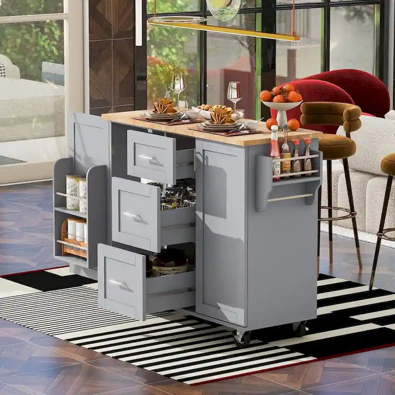 Carrello da cucina in legno di gomma con piano ribaltabile, ripiano contenitore interno, portabarattoli per spezie, 2 ripiani estraibili e 3 cassetti