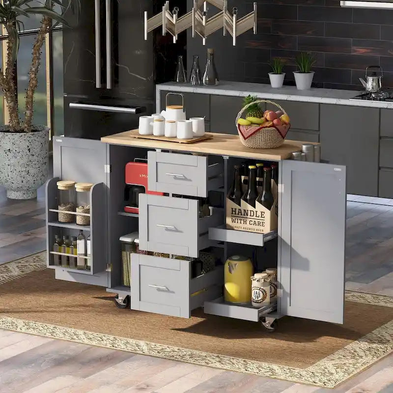 Carrello da cucina in legno di gomma con piano ribaltabile, ripiano contenitore interno, portabarattoli per spezie, 2 ripiani estraibili e 3 cassetti