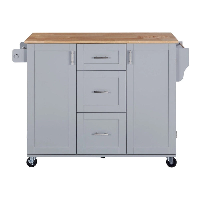 Carrello da cucina in legno di gomma con piano ribaltabile, ripiano contenitore interno, portabarattoli per spezie, 2 ripiani estraibili e 3 cassetti