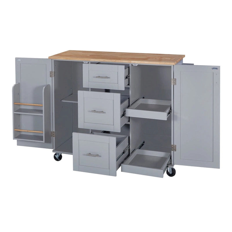 Carrello da cucina in legno di gomma con piano ribaltabile, ripiano contenitore interno, portabarattoli per spezie, 2 ripiani estraibili e 3 cassetti