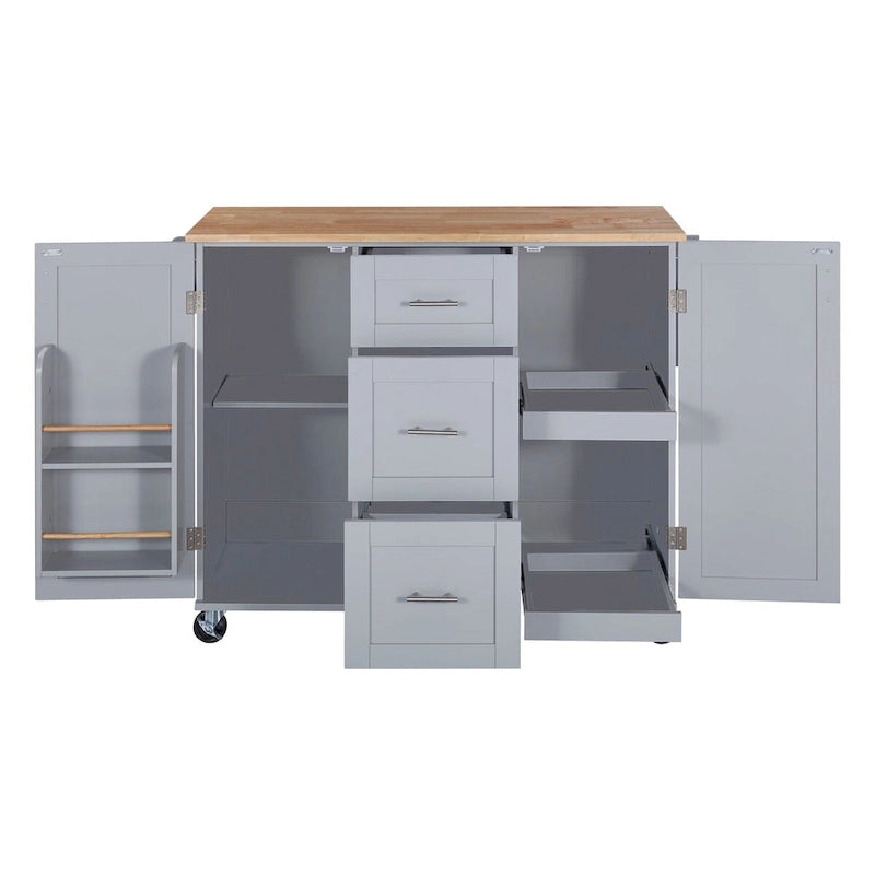 Carrello da cucina in legno di gomma con piano ribaltabile, ripiano contenitore interno, portabarattoli per spezie, 2 ripiani estraibili e 3 cassetti