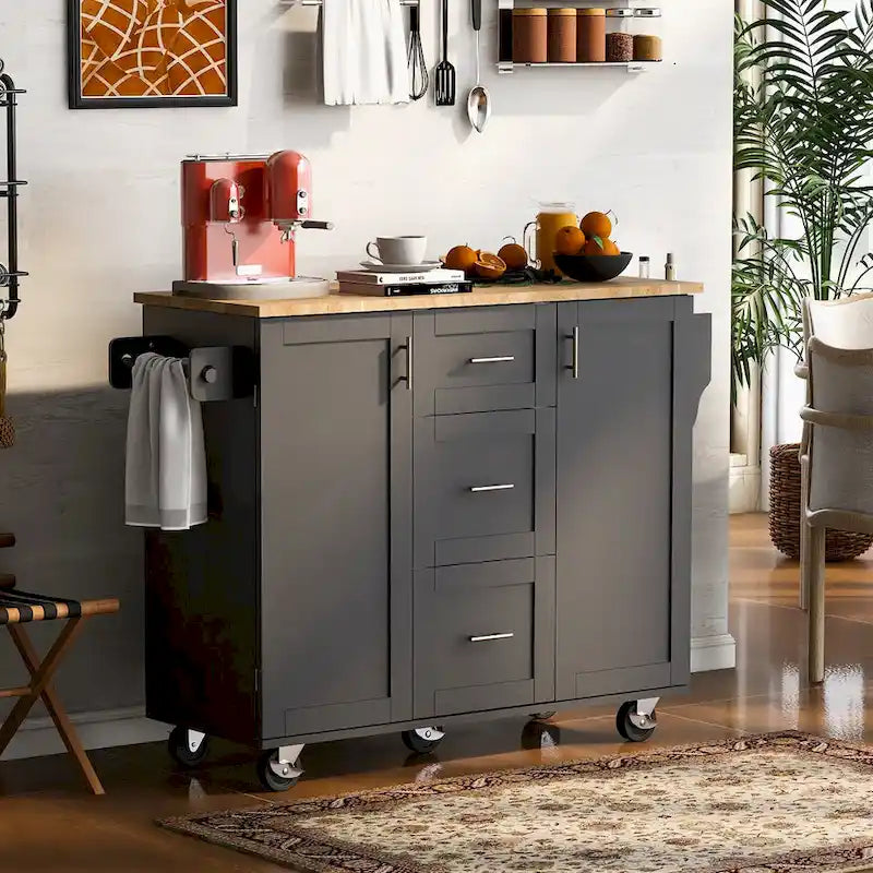 Carrello da cucina in legno di gomma con piano ribaltabile, ripiano contenitore interno, portabarattoli per spezie, 2 ripiani estraibili e 3 cassetti