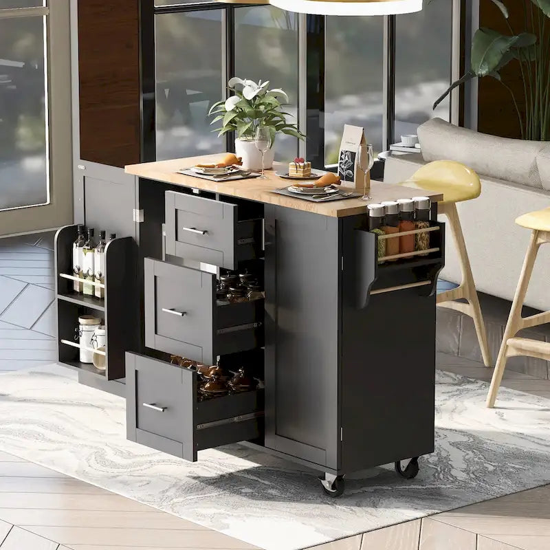 Carrello da cucina in legno di gomma con piano ribaltabile, ripiano contenitore interno, portabarattoli per spezie, 2 ripiani estraibili e 3 cassetti