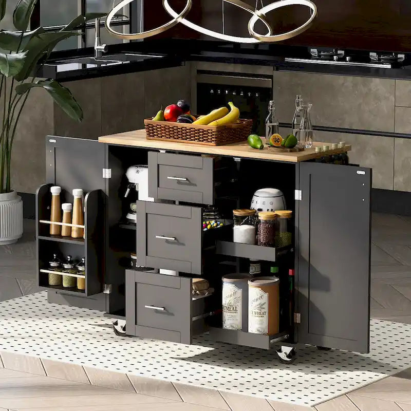 Carrello da cucina in legno di gomma con piano ribaltabile, ripiano contenitore interno, portabarattoli per spezie, 2 ripiani estraibili e 3 cassetti