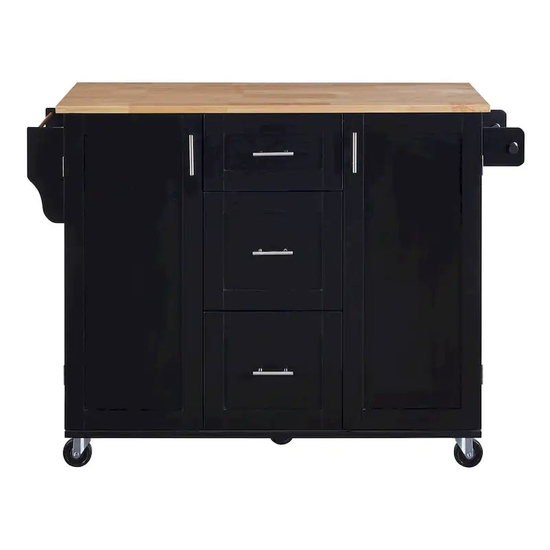 Carrello da cucina in legno di gomma con piano ribaltabile, ripiano contenitore interno, portabarattoli per spezie, 2 ripiani estraibili e 3 cassetti