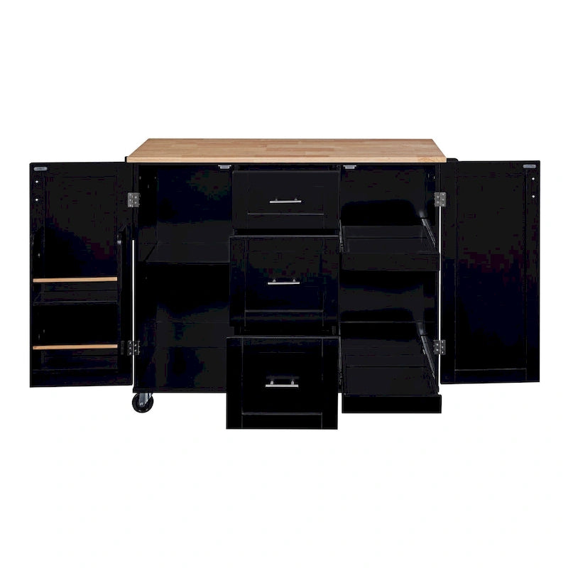 Carrello da cucina in legno di gomma con piano ribaltabile, ripiano contenitore interno, portabarattoli per spezie, 2 ripiani estraibili e 3 cassetti