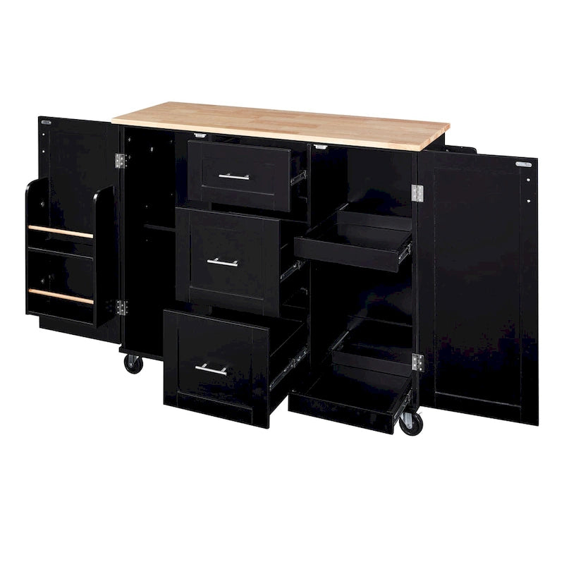 Carrello da cucina in legno di gomma con piano ribaltabile, ripiano contenitore interno, portabarattoli per spezie, 2 ripiani estraibili e 3 cassetti