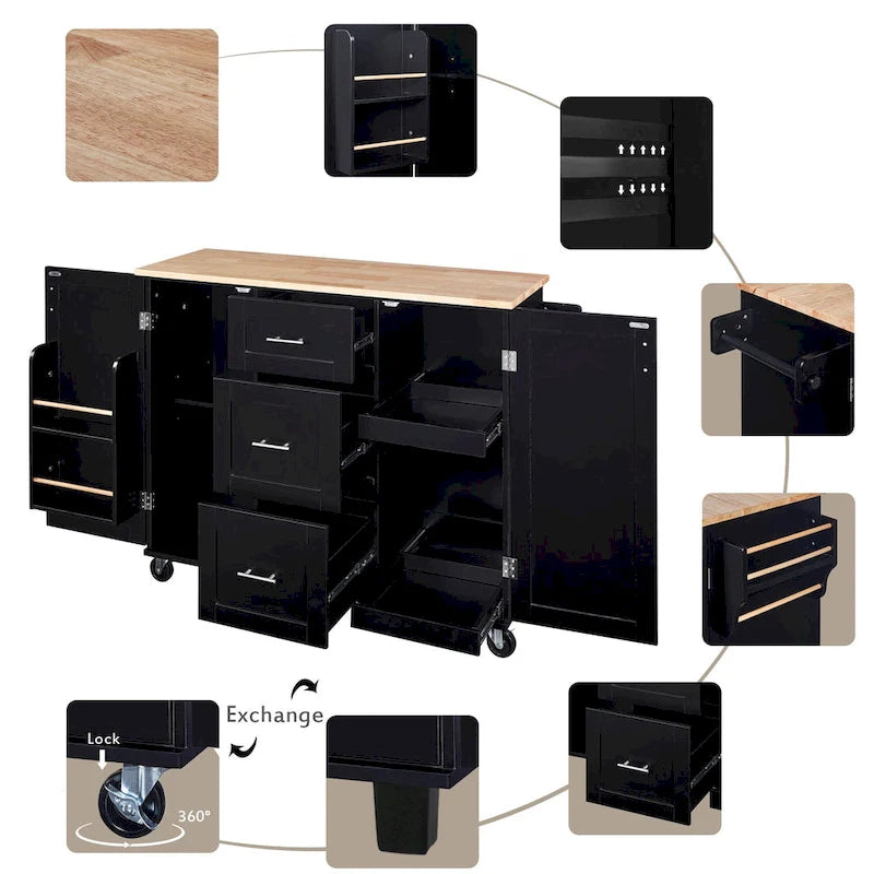 Carrello da cucina in legno di gomma con piano ribaltabile, ripiano contenitore interno, portabarattoli per spezie, 2 ripiani estraibili e 3 cassetti