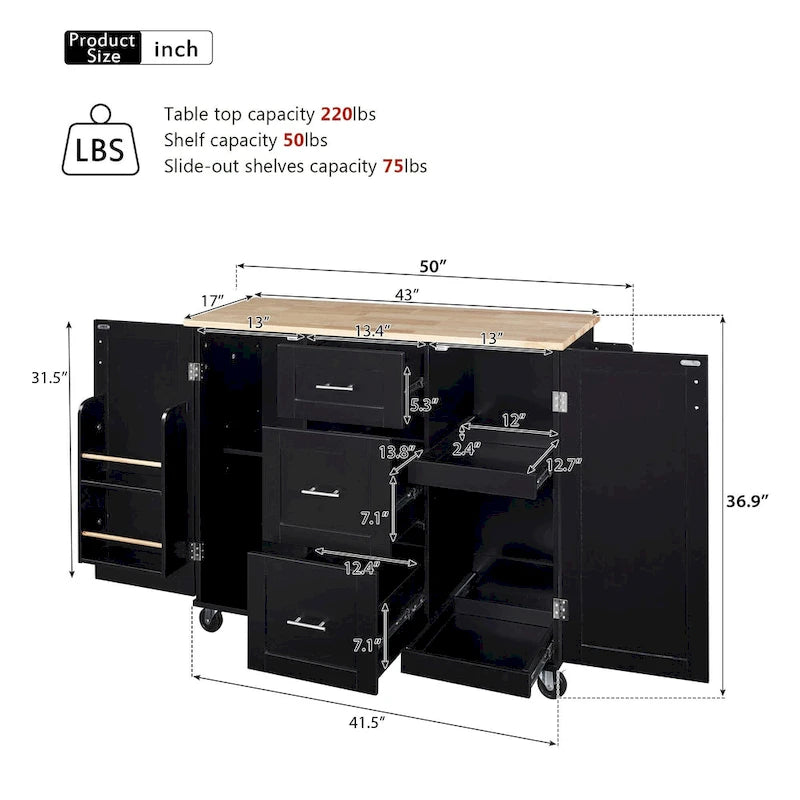 Carrello da cucina in legno di gomma con piano ribaltabile, ripiano contenitore interno, portabarattoli per spezie, 2 ripiani estraibili e 3 cassetti
