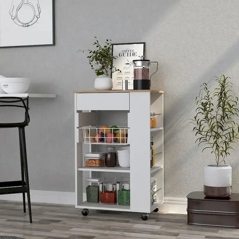 Carrito de cocina para cocina, comedor y sala de estar, blanco / roble claro