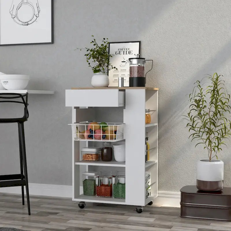 Carrito de cocina para cocina, comedor y sala de estar, blanco / roble claro