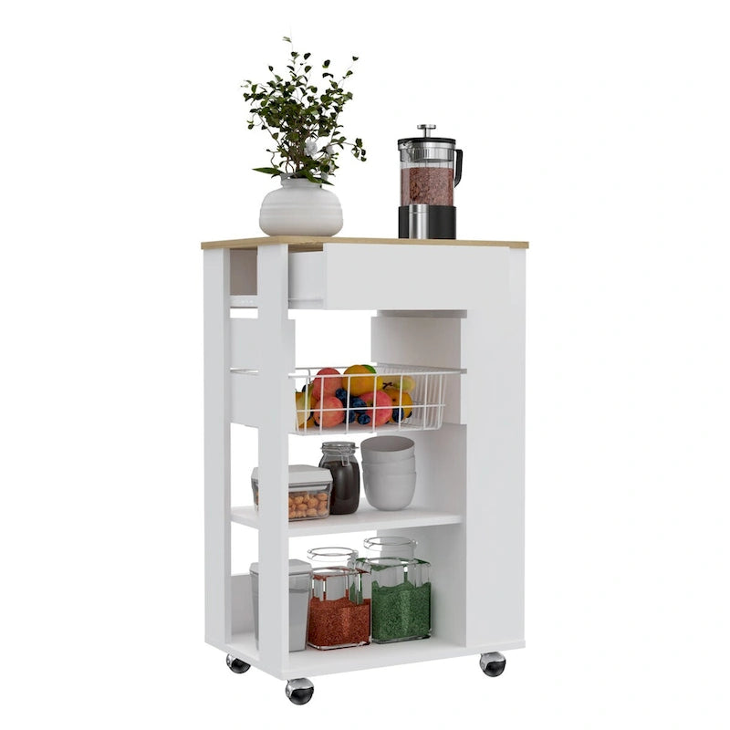 Carrito de cocina para cocina, comedor y sala de estar, blanco / roble claro
