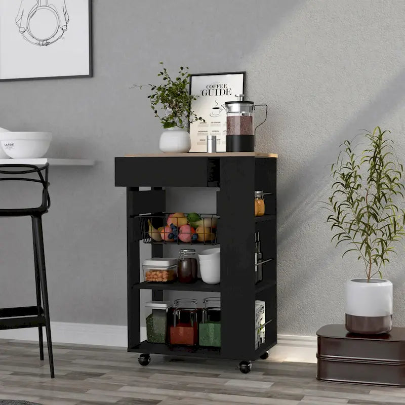 Carrito de cocina para cocina, comedor y sala de estar, blanco / roble claro