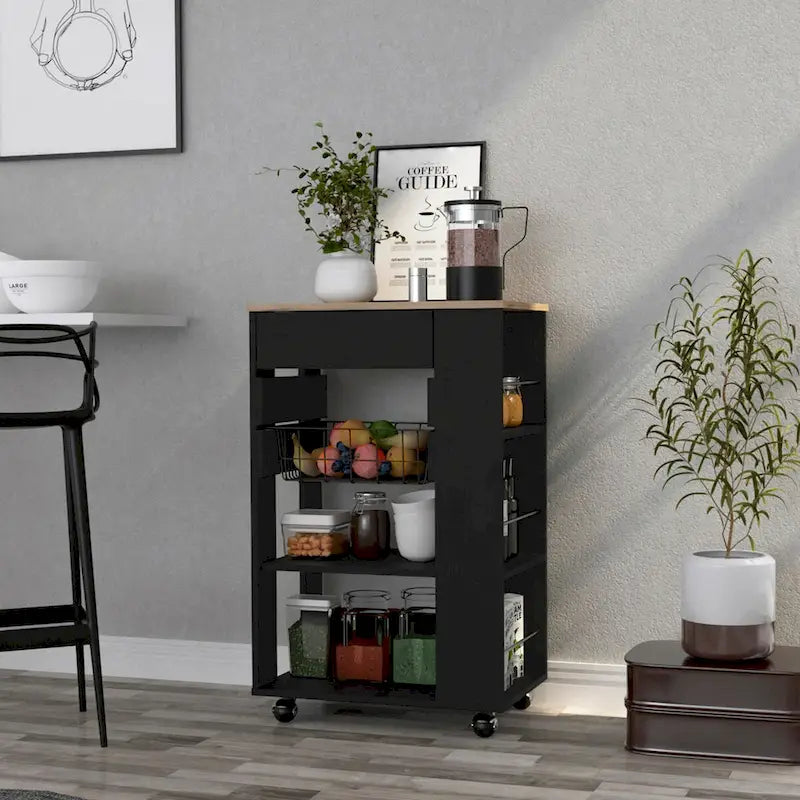 Carrito de cocina para cocina, comedor y sala de estar, blanco / roble claro
