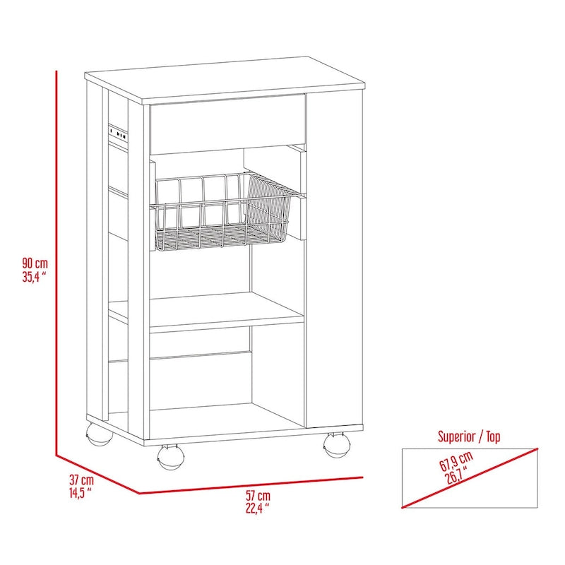 Carrito de cocina para cocina, comedor y sala de estar, blanco / roble claro
