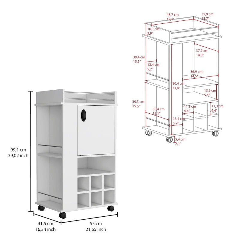 Carrito de bar con gabinete, 6 botelleros integrados y ruedas